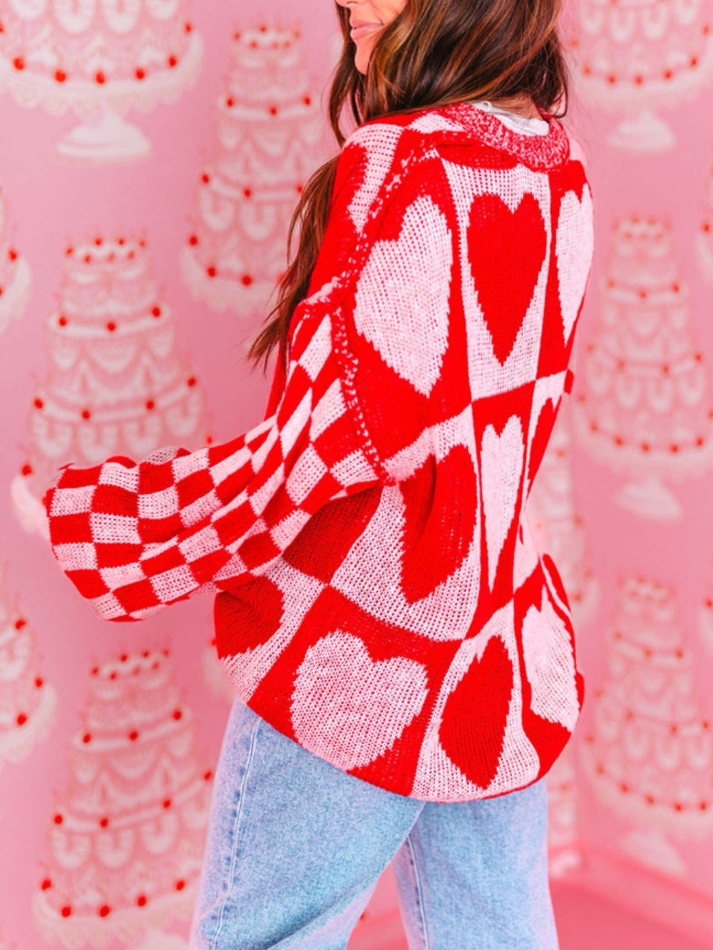 Heart Pattern Checkerboard Knit Sweater - Picture 3 of 6